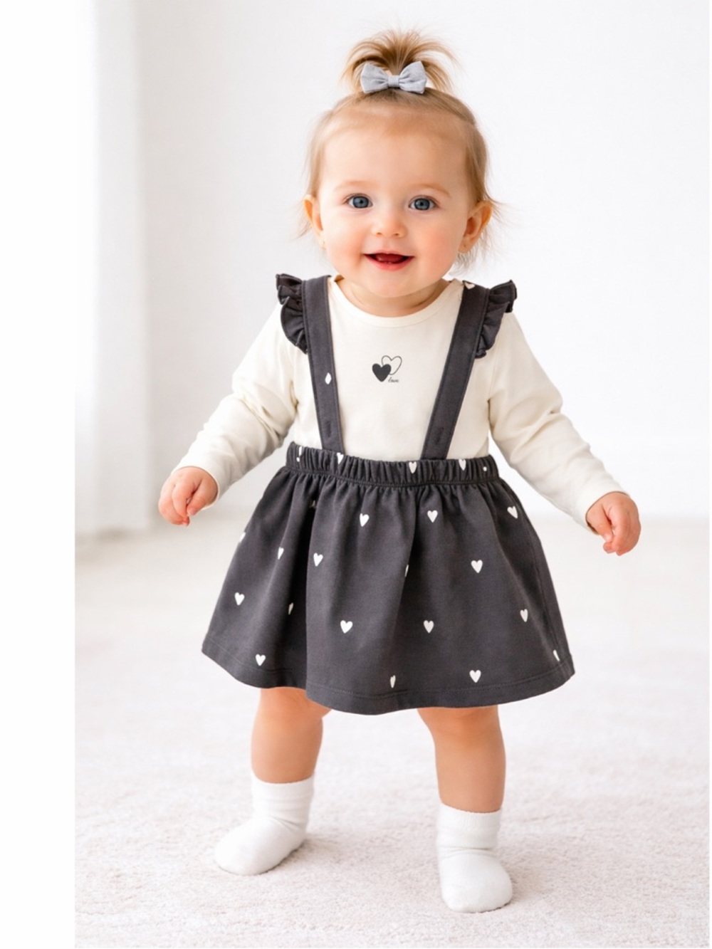 H&M Baby Girl Outfit 12M Heart‎ Suspender Skirt Set Cream Black Cute